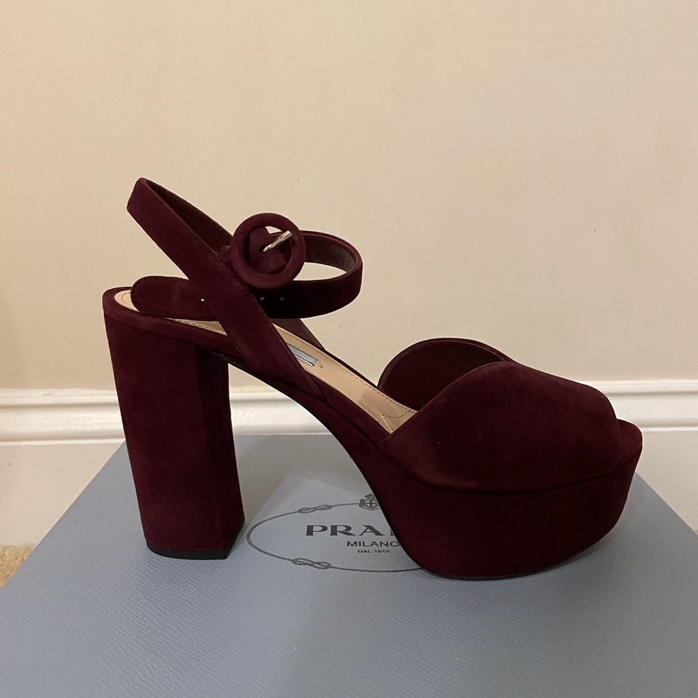 Prada platform sandals in burgundy suede